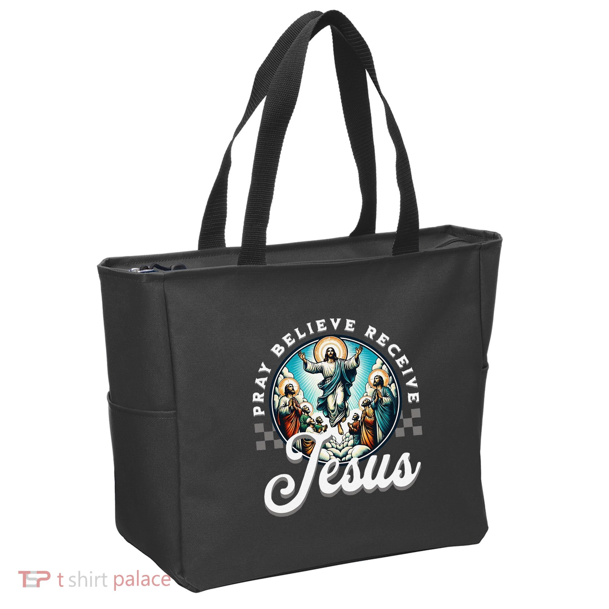 Pray Believe Receive Jesus For Catholic Christian Faith Tote Bag