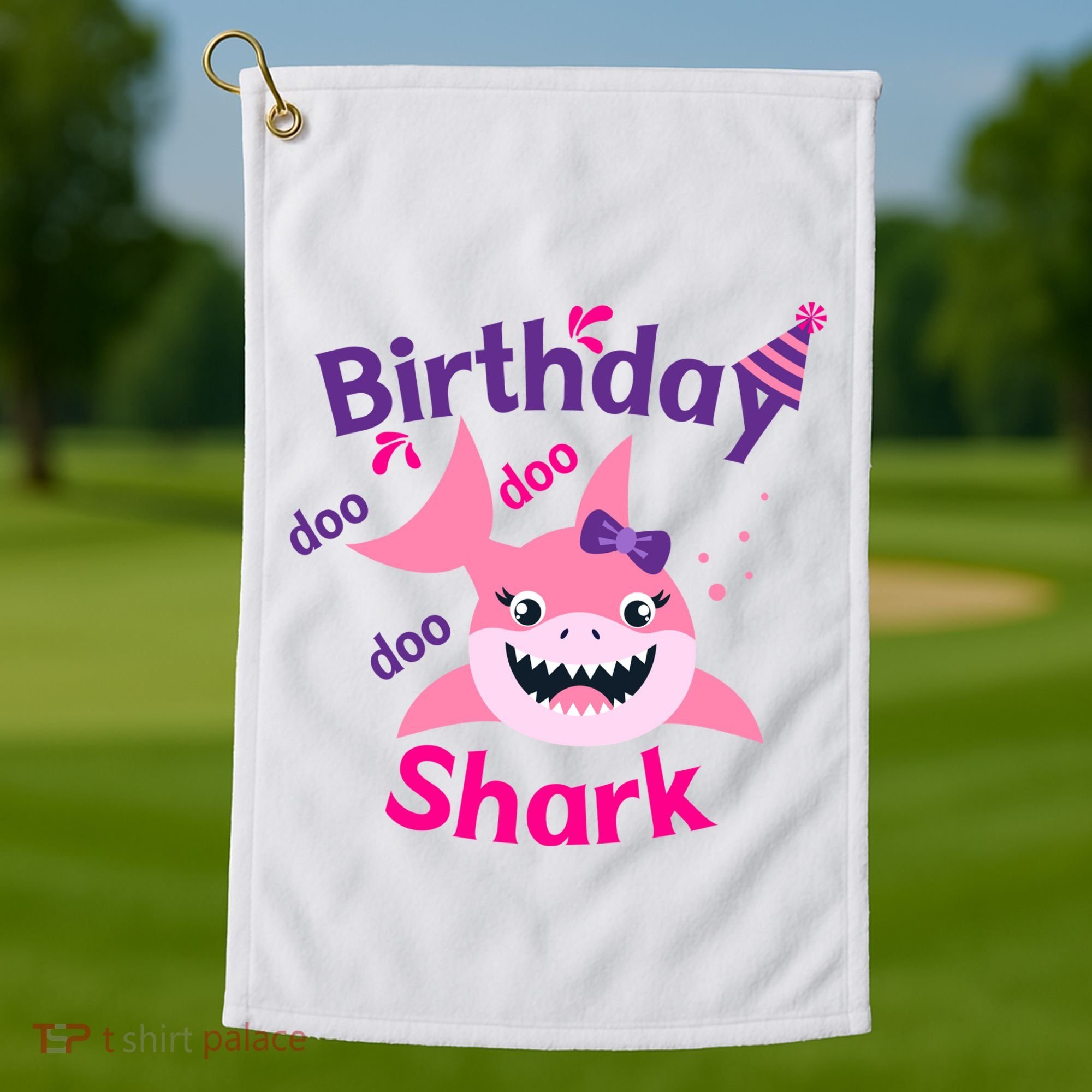 Pink Birthday Shark Doo Doo Doo Golf Towel