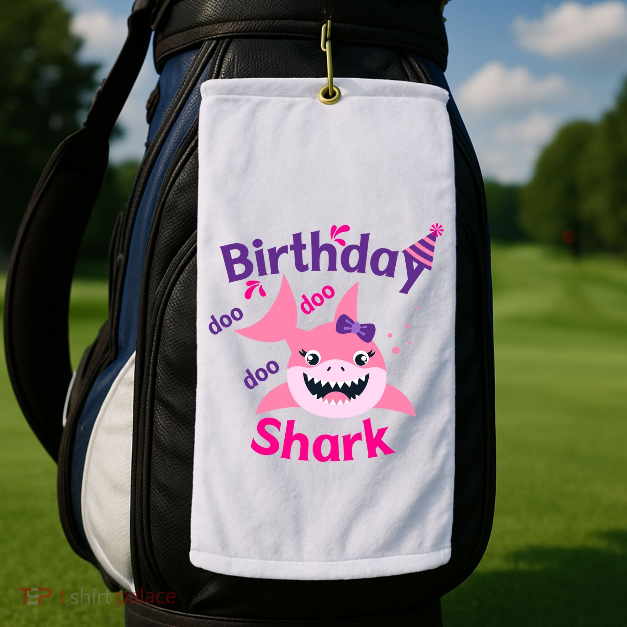 Pink Birthday Shark Doo Doo Doo Golf Towel