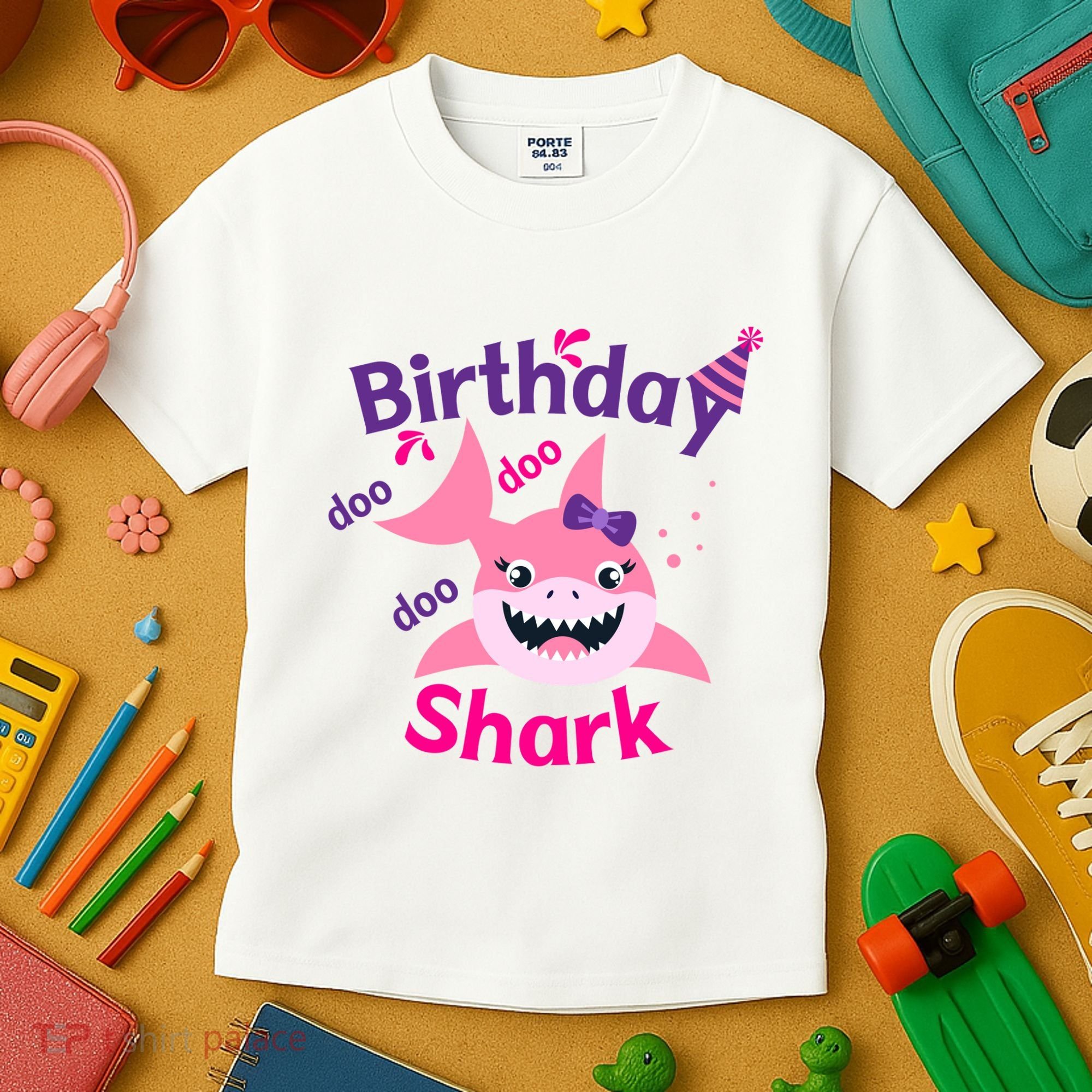 Pink Birthday Shark Doo Doo Doo Kids T-Shirt