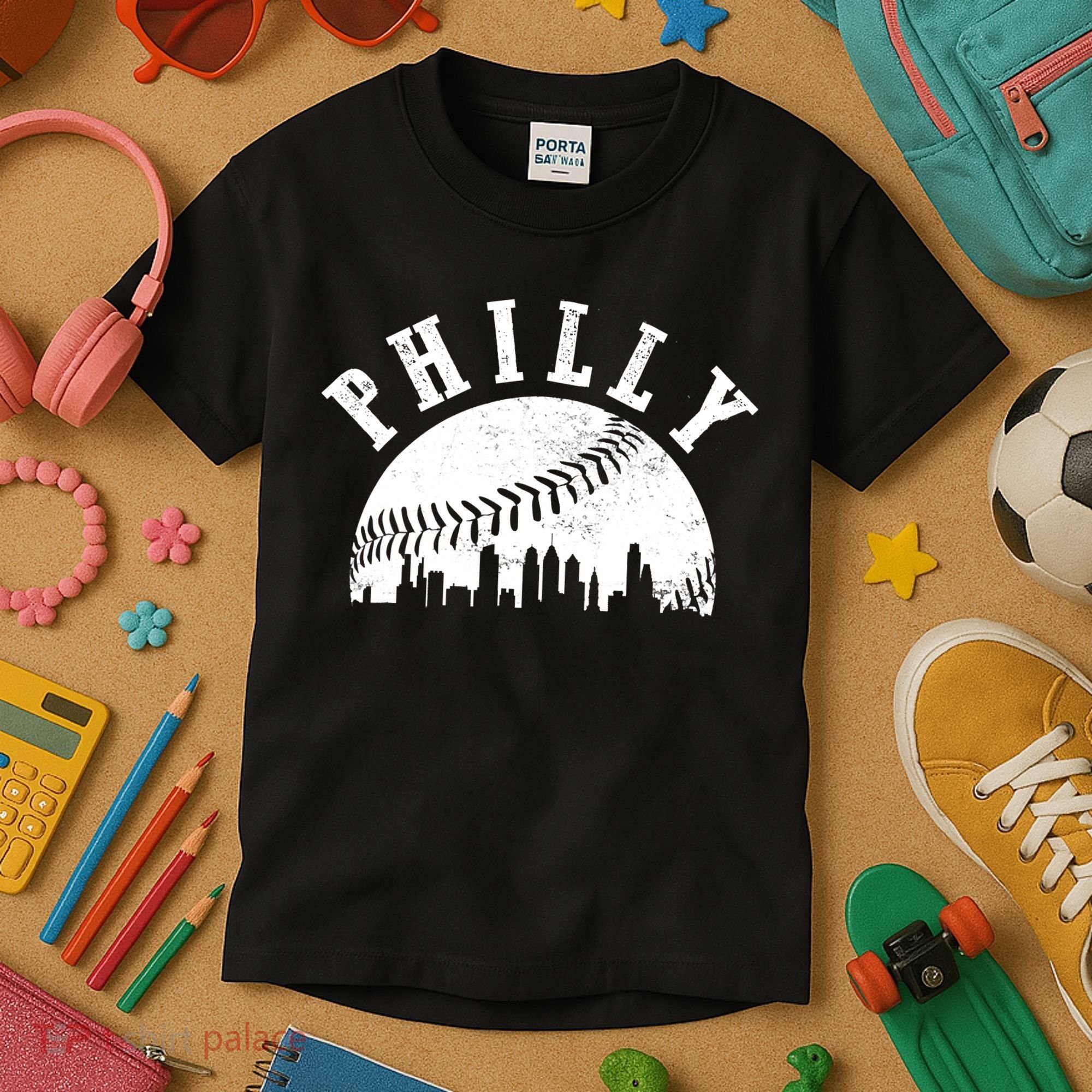 Philly Baseball Sports Skyline Illustration Cityscape Kids T-Shirt