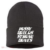 Pussy Builds Strong Bones Funny Meme Sustainable Knit Beanie thumb 0