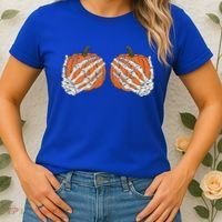 Pumpkin Boobies Skeleton Hands Funnys Funny Halloween Funny Women's T-Shirt thumb 2