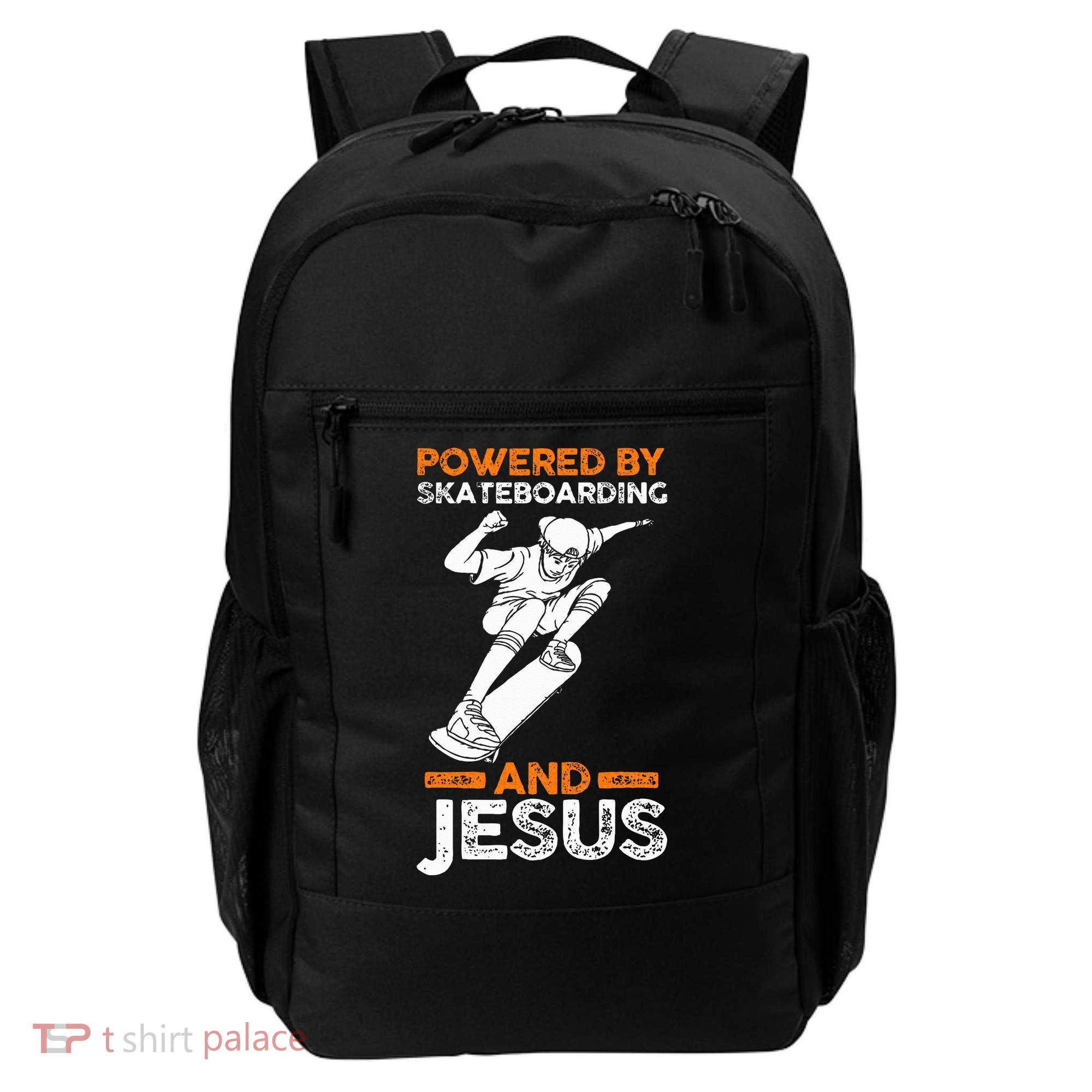 Powered by skateboarding and jesus Backpack