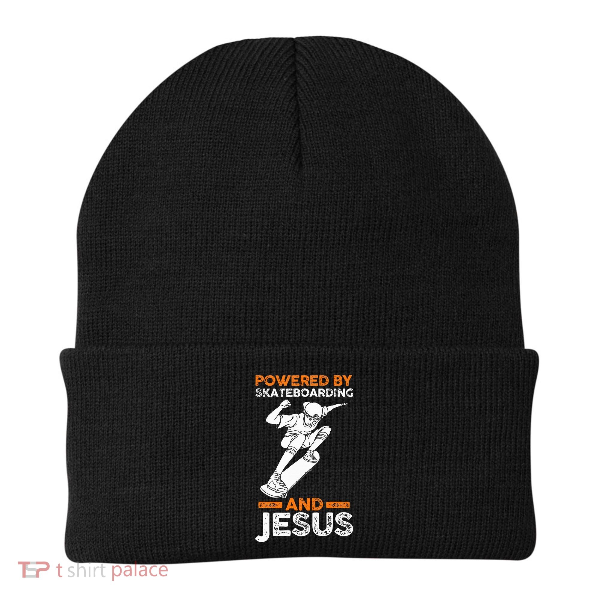 Powered by skateboarding and jesus Beanie