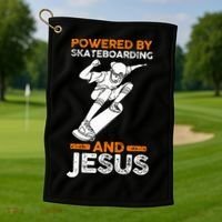 Powered by skateboarding and jesus Golf Towel thumb 1