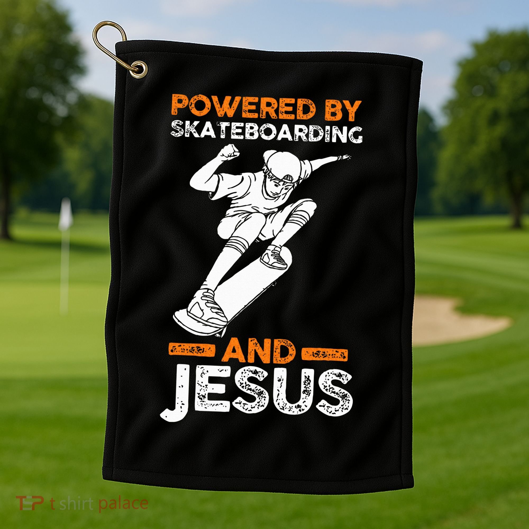 Powered by skateboarding and jesus Golf Towel