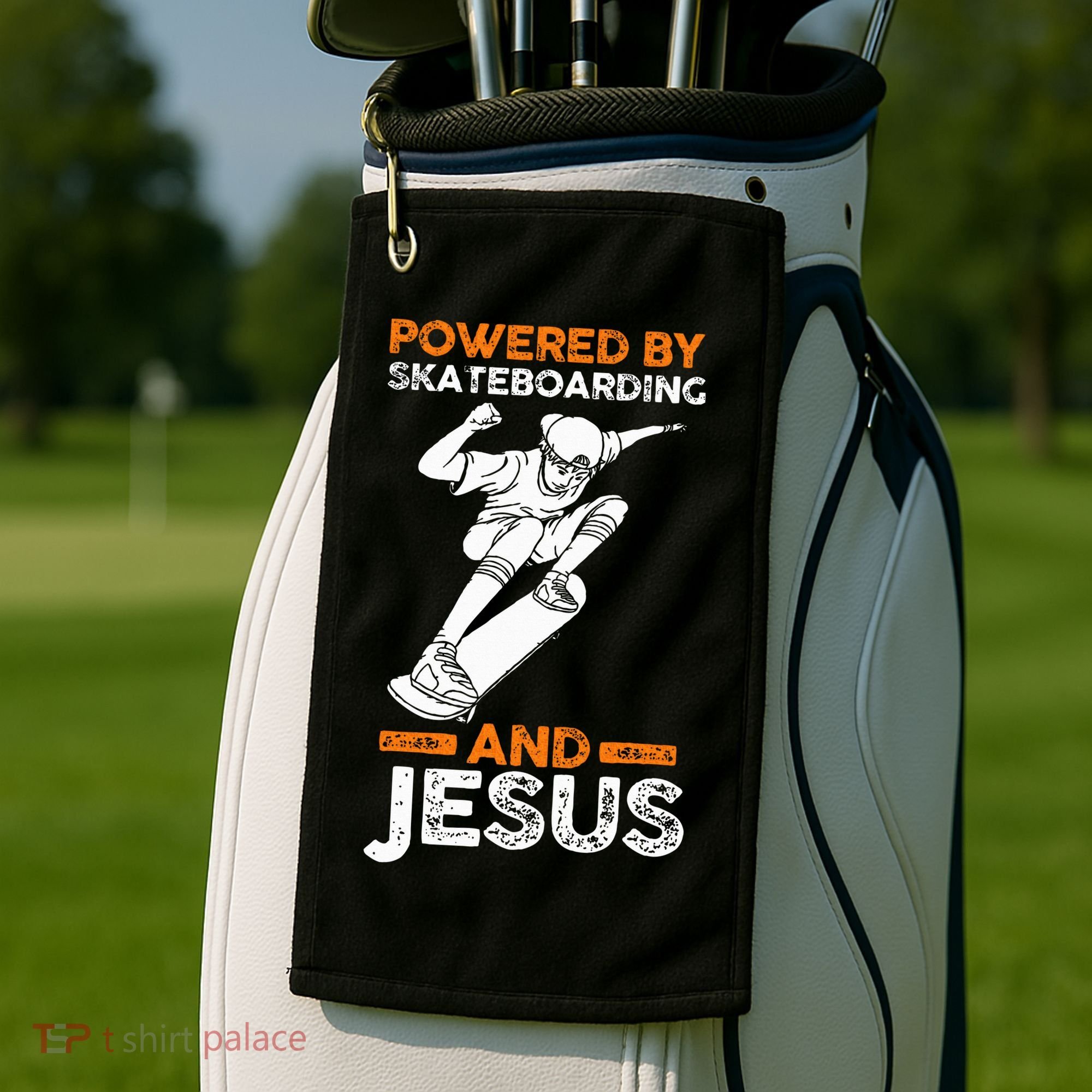 Powered by skateboarding and jesus Golf Towel