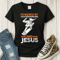 Powered by skateboarding and jesus Women's T-Shirt thumb 3