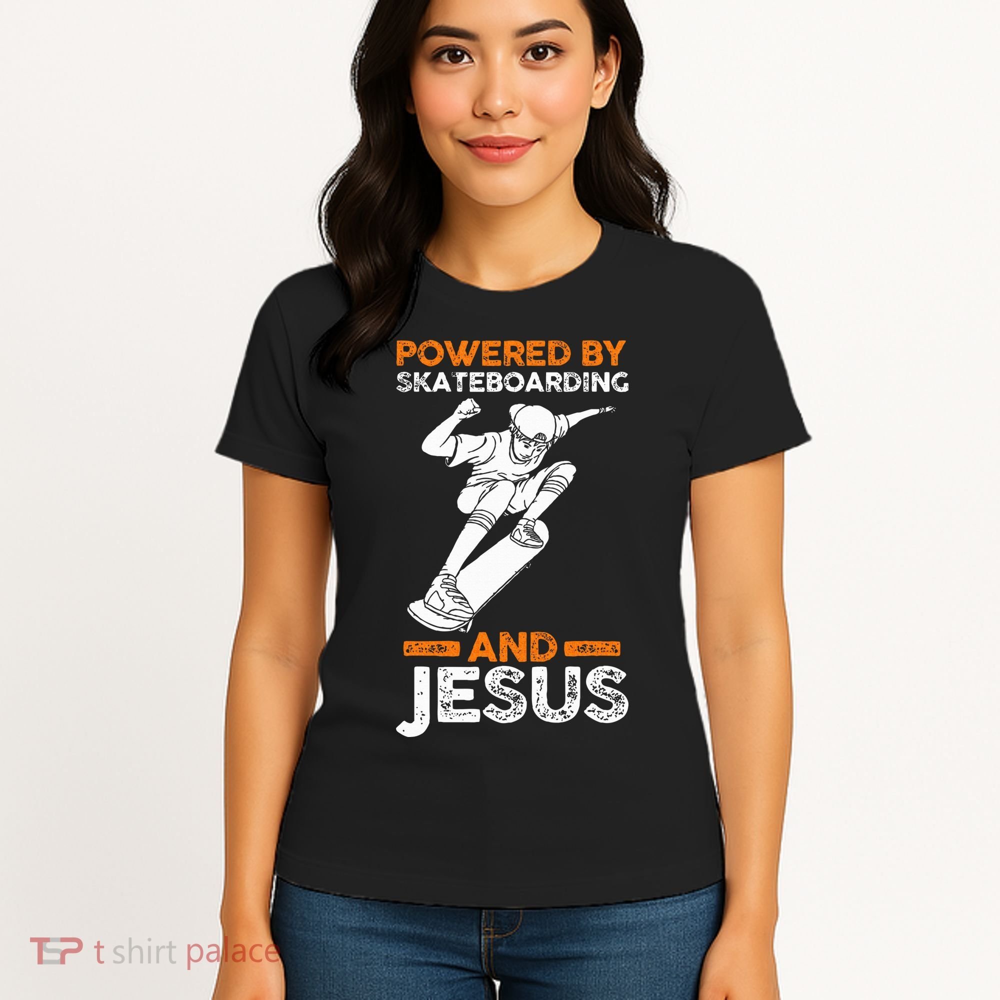Powered by skateboarding and jesus Women's T-Shirt