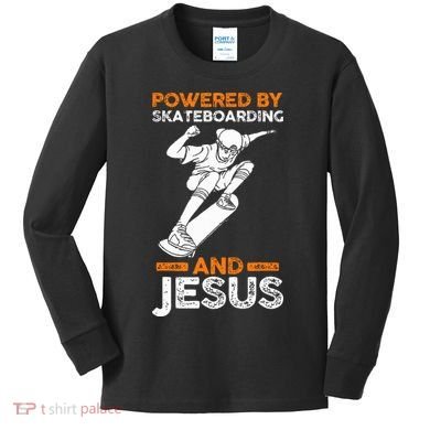 Powered by skateboarding and jesus Kids Long Sleeve Shirt
