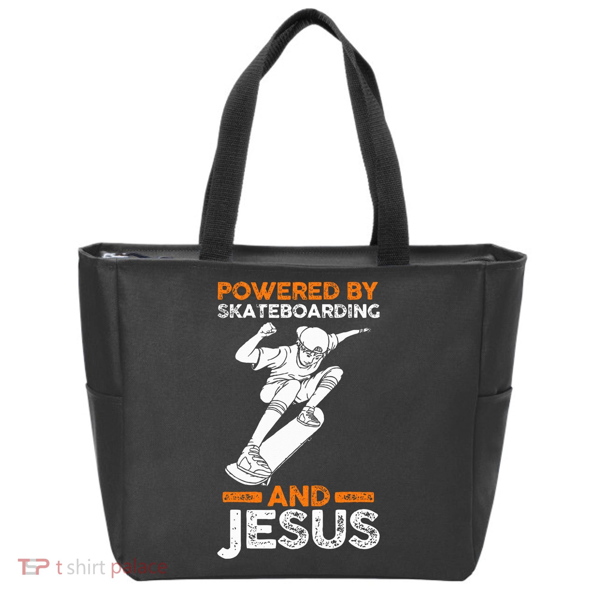 Powered by skateboarding and jesus Tote Bag