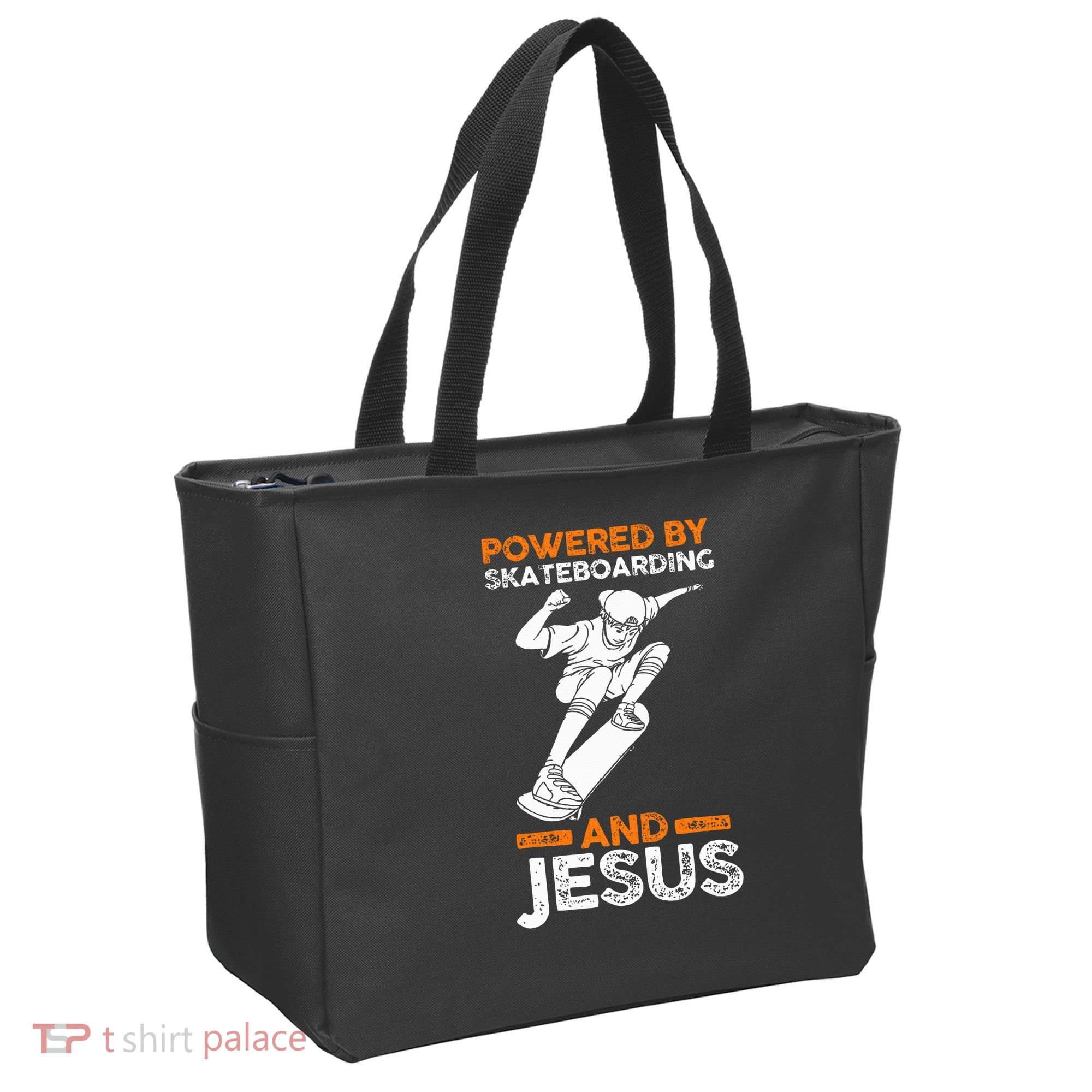 Powered by skateboarding and jesus Tote Bag