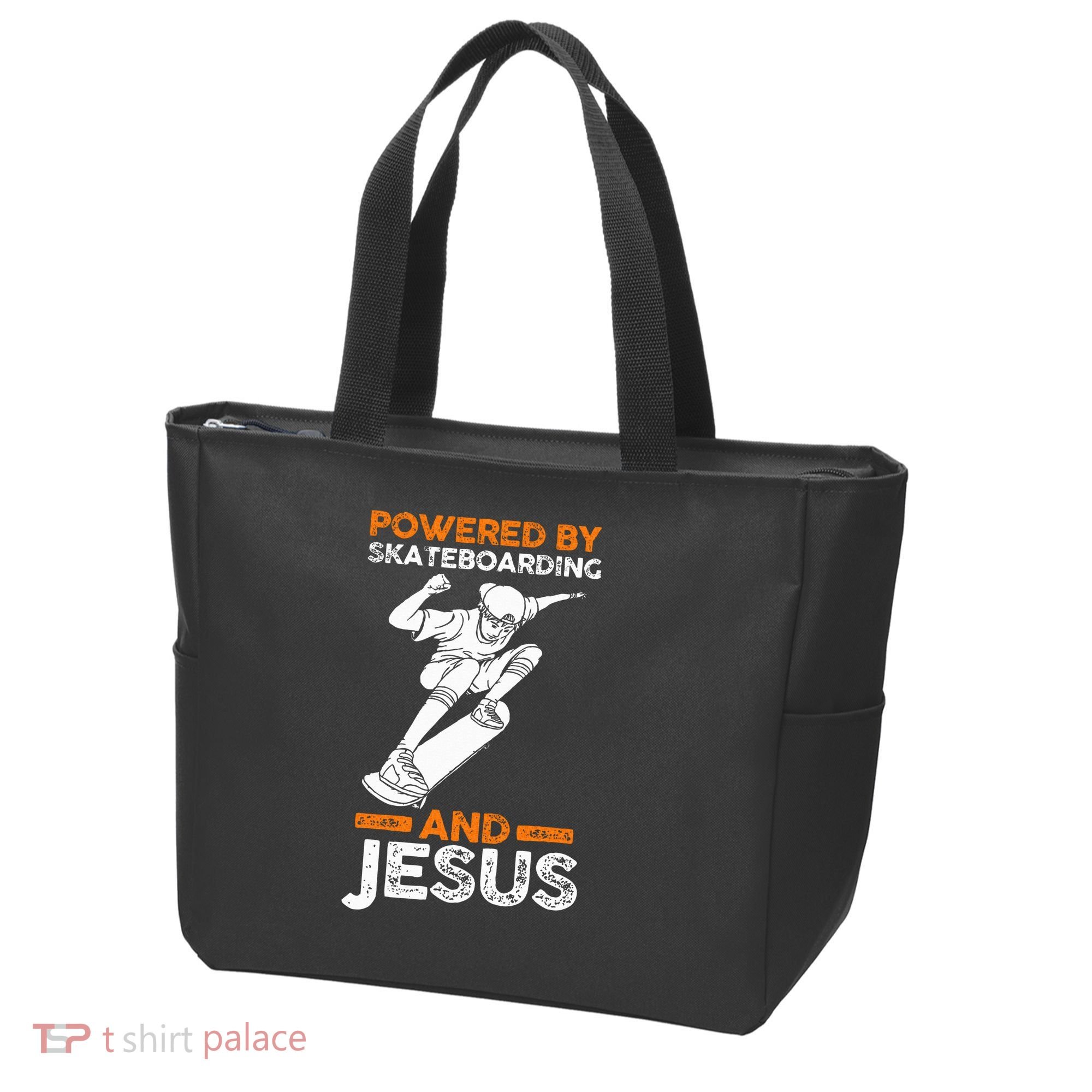 Powered by skateboarding and jesus Tote Bag