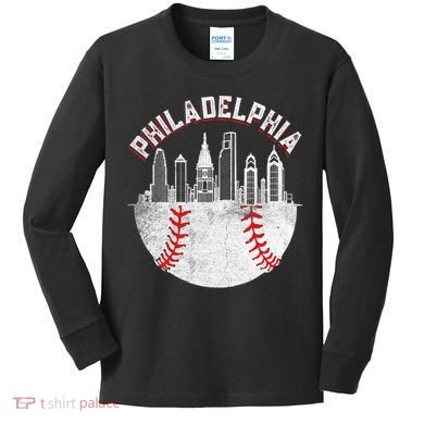 Philadelphia Baseball Skyline Retro Philly Cityscap Kids Long Sleeve Shirt