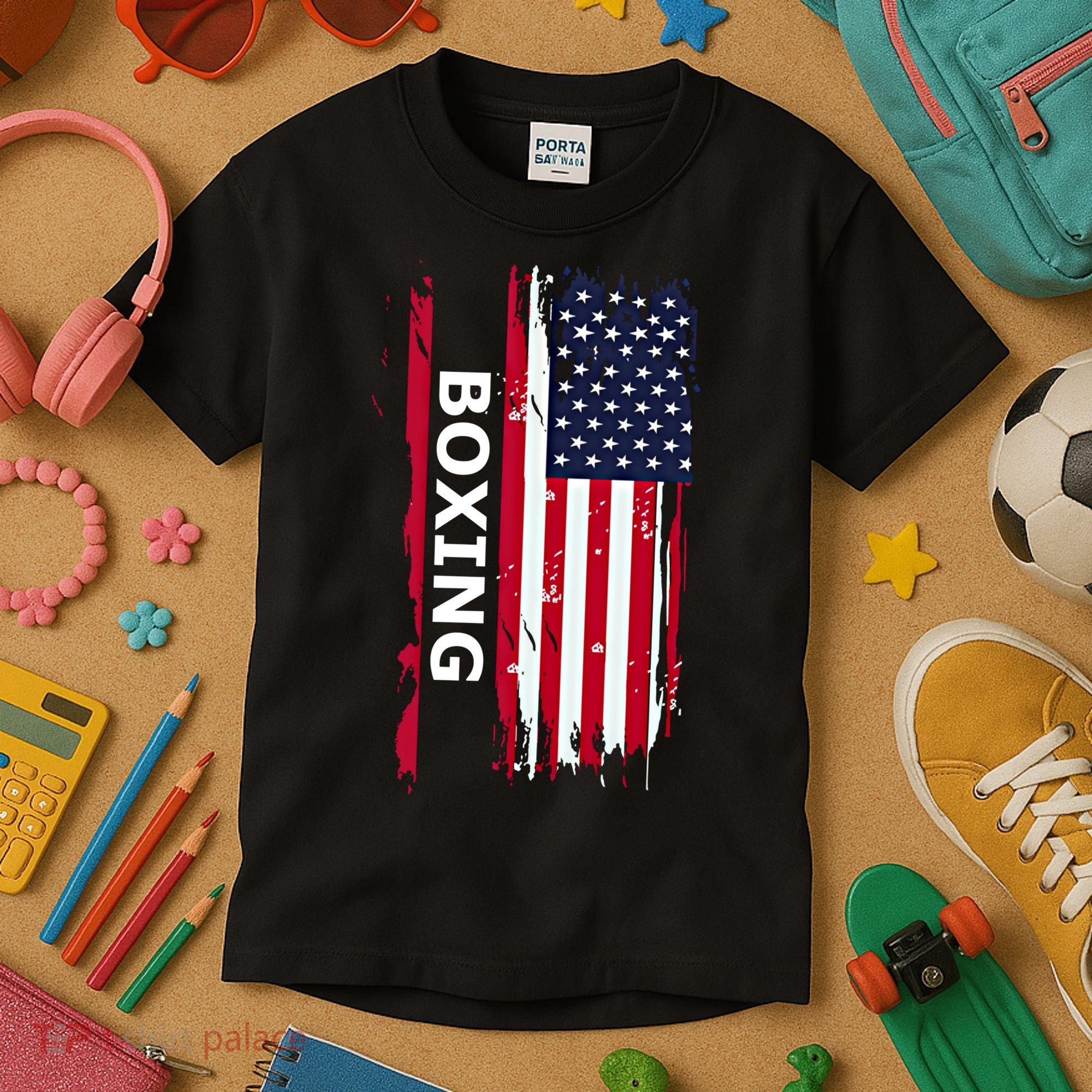 Patriotic Boxing Usa Flag Boxing Gift Black Small Kids T-Shirt