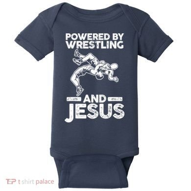 Powered By Wrestling And Jesus Baby Bodysuit