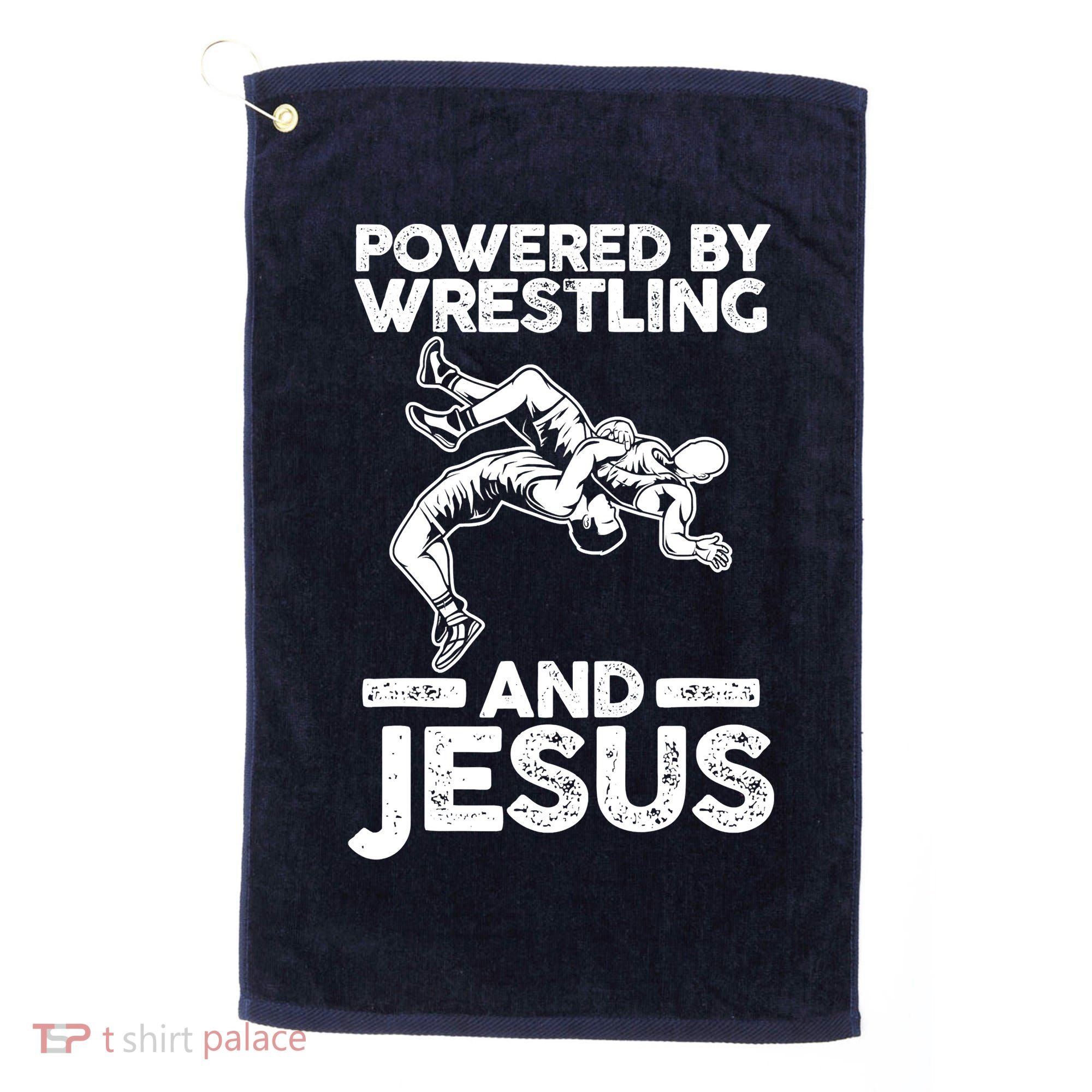Powered By Wrestling And Jesus Golf Towel