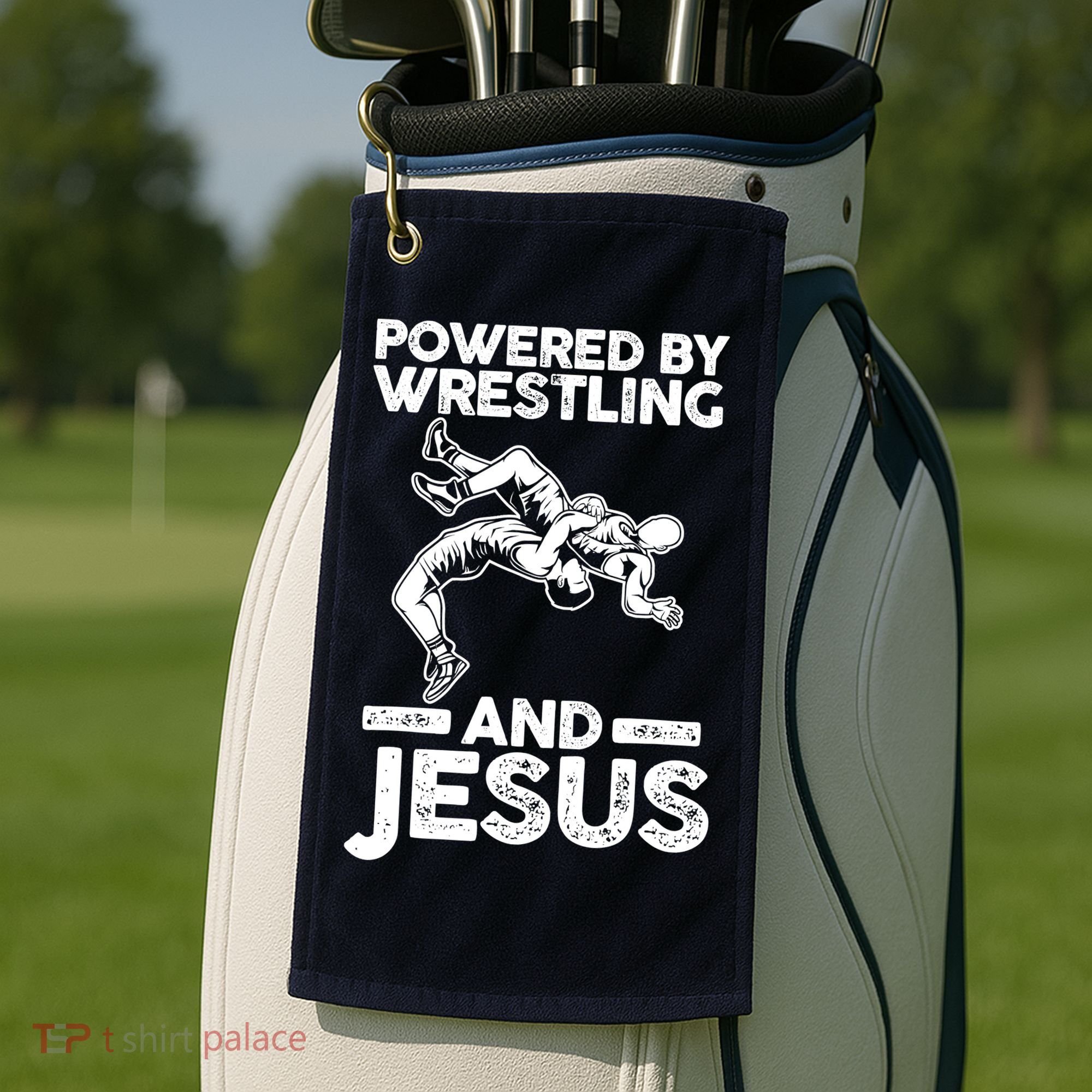 Powered By Wrestling And Jesus Golf Towel