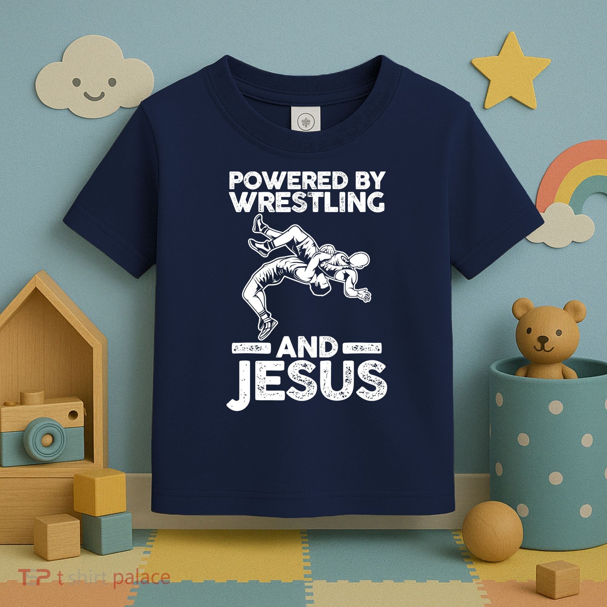 Powered By Wrestling And Jesus Toddler T-Shirt