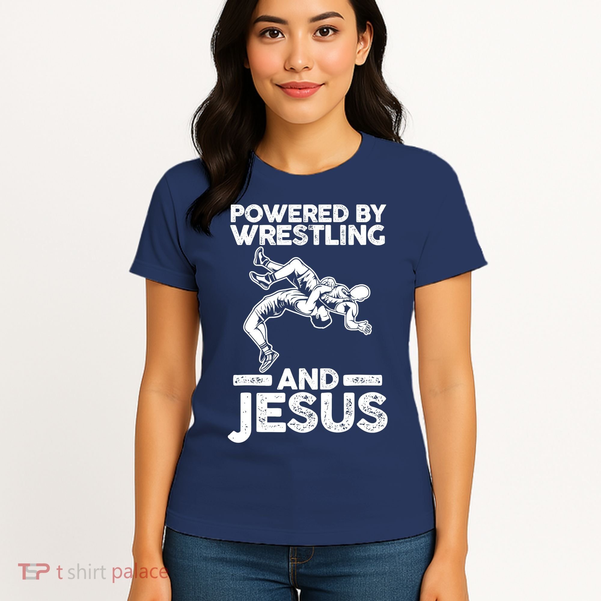 Powered By Wrestling And Jesus Women's T-Shirt
