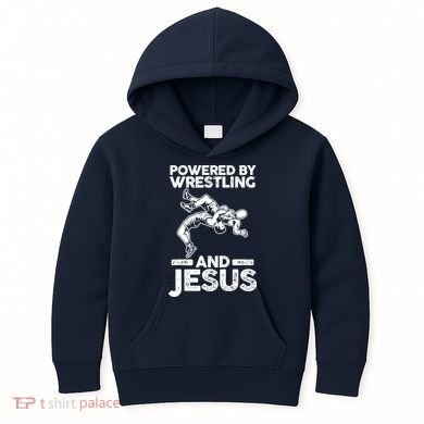 Powered By Wrestling And Jesus Kids Hoodie