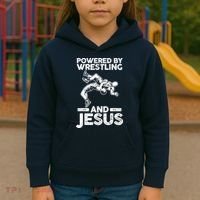 Powered By Wrestling And Jesus Kids Hoodie thumb 3