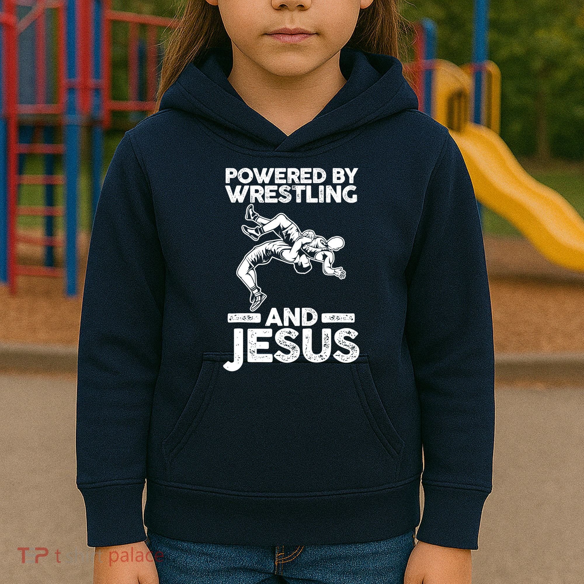 Powered By Wrestling And Jesus Kids Hoodie
