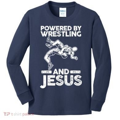 Powered By Wrestling And Jesus Kids Long Sleeve Shirt