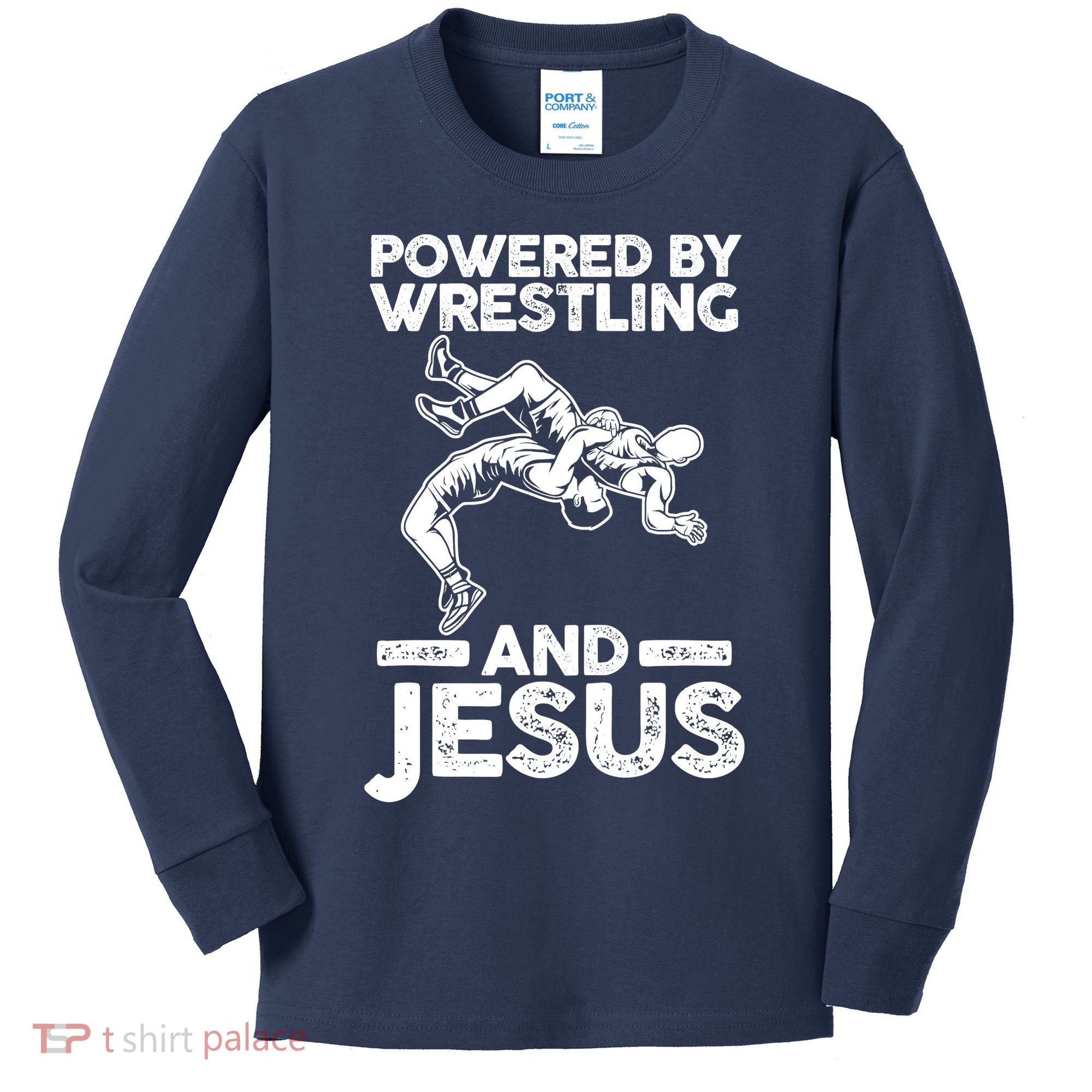 Powered By Wrestling And Jesus Kids Long Sleeve Shirt