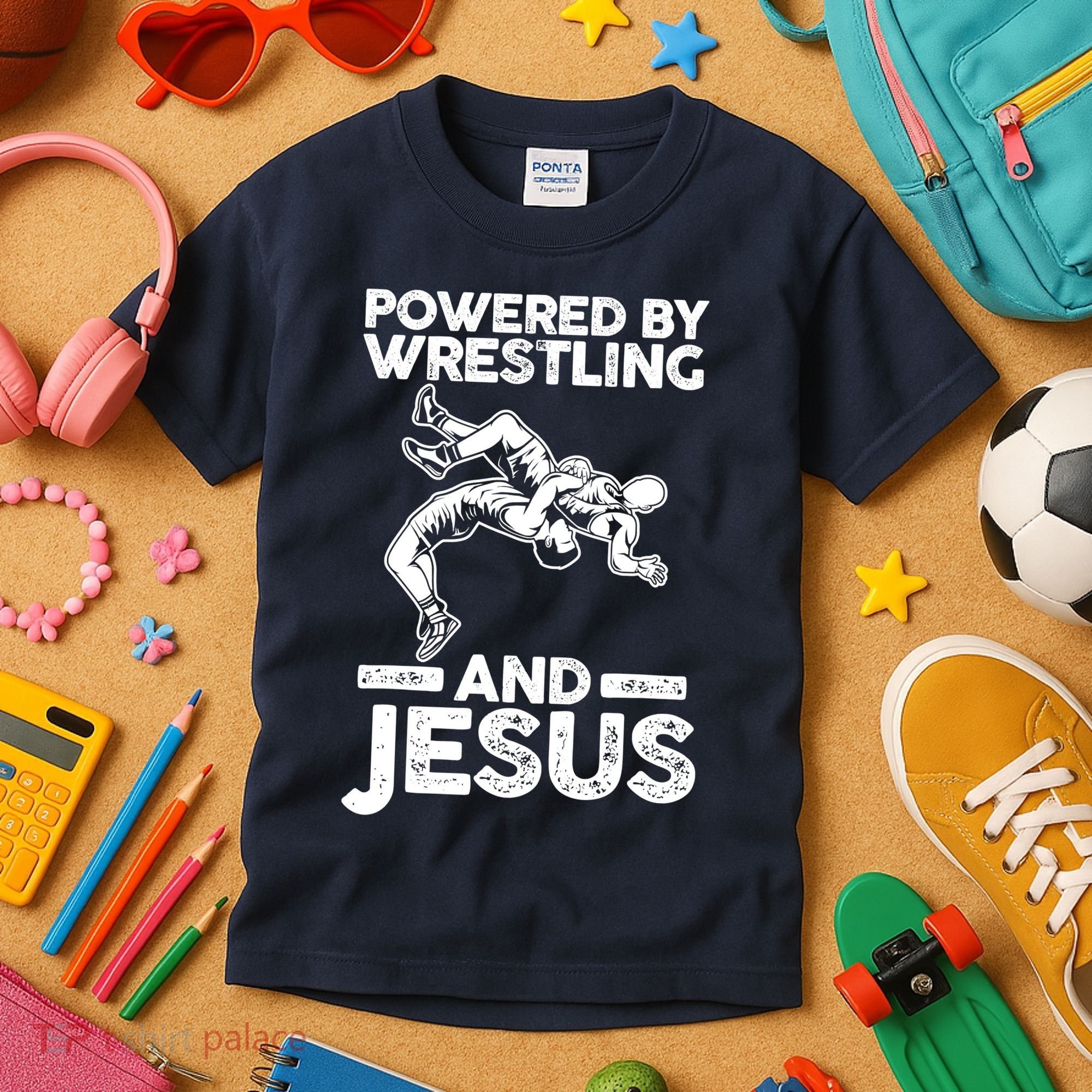 Powered By Wrestling And Jesus Kids T-Shirt