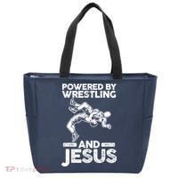Powered By Wrestling And Jesus Tote Bag thumb 0