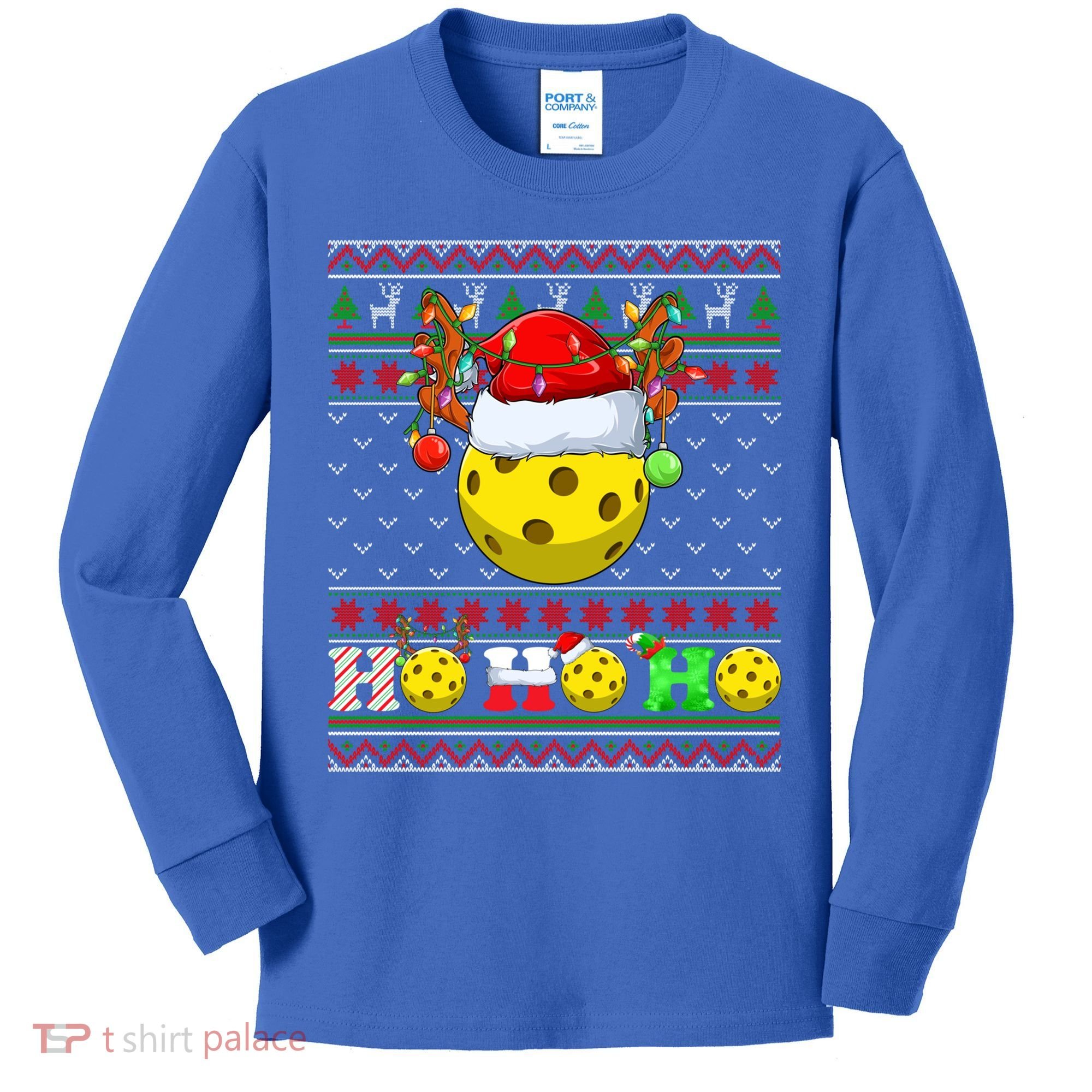 Pickleball Ball Xmas Tree Lights Ugly Christmas Sweater Gift Kids Long Sleeve Shirt
