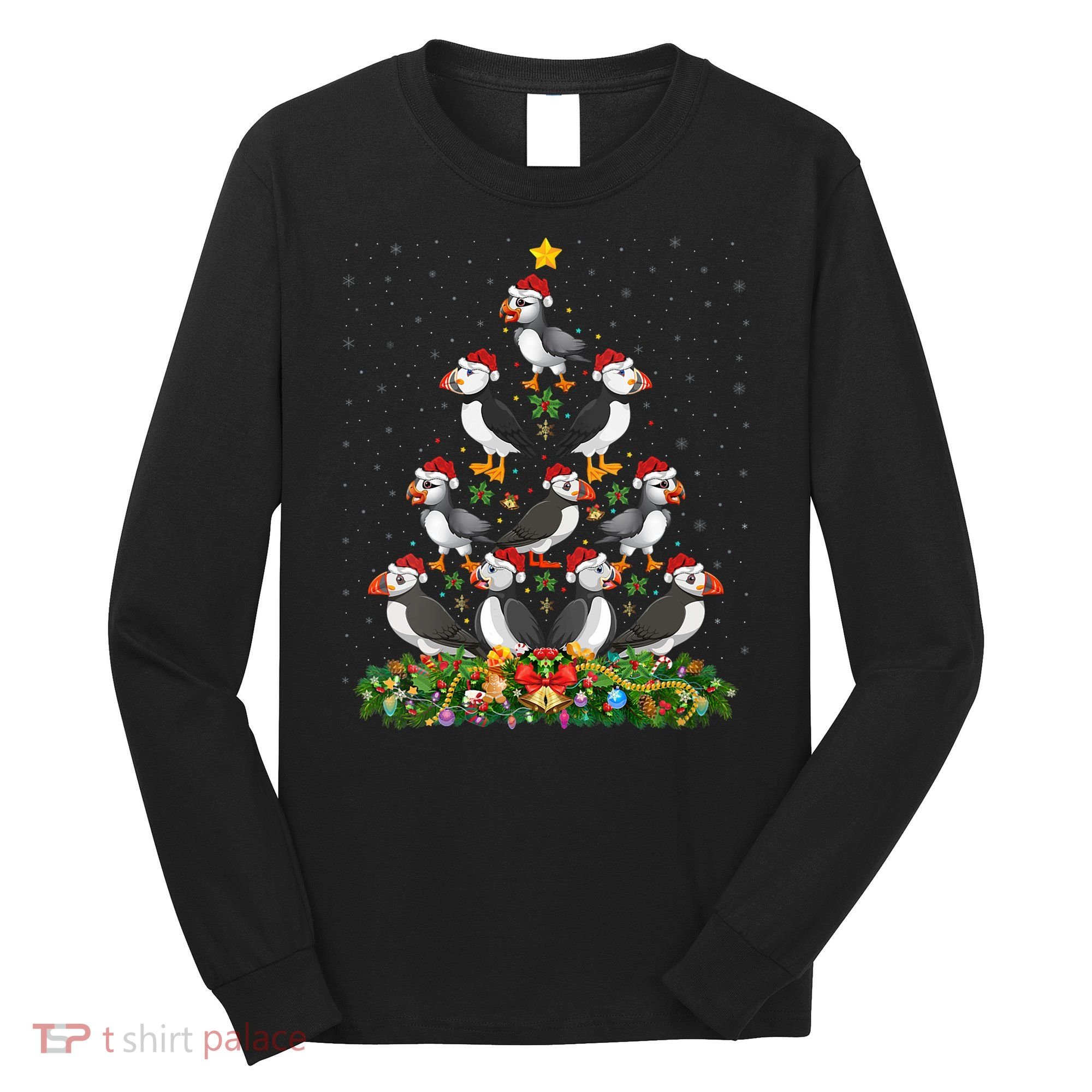 Puffin Bird Xmas Tree Gift Santa Hat Puffin Christmas Vneck Long Sleeve Shirt