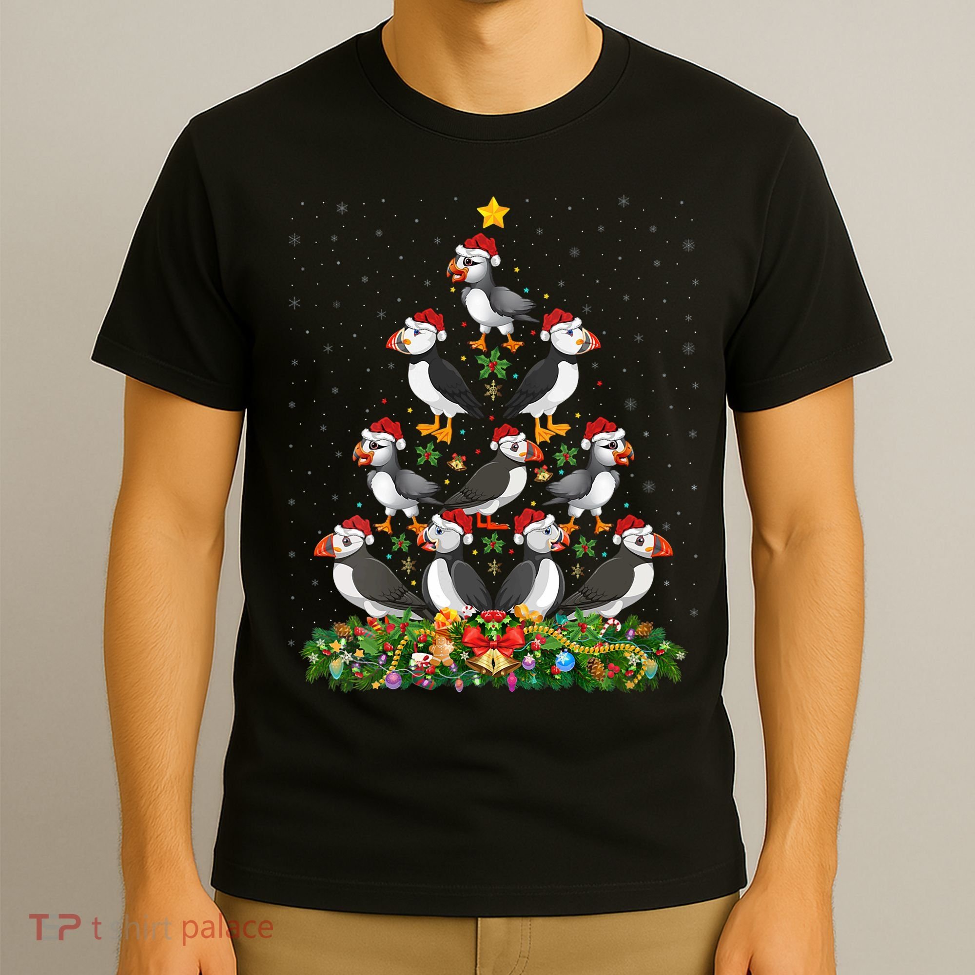 Puffin Bird Xmas Tree Gift Santa Hat Puffin Christmas Vneck T-Shirt
