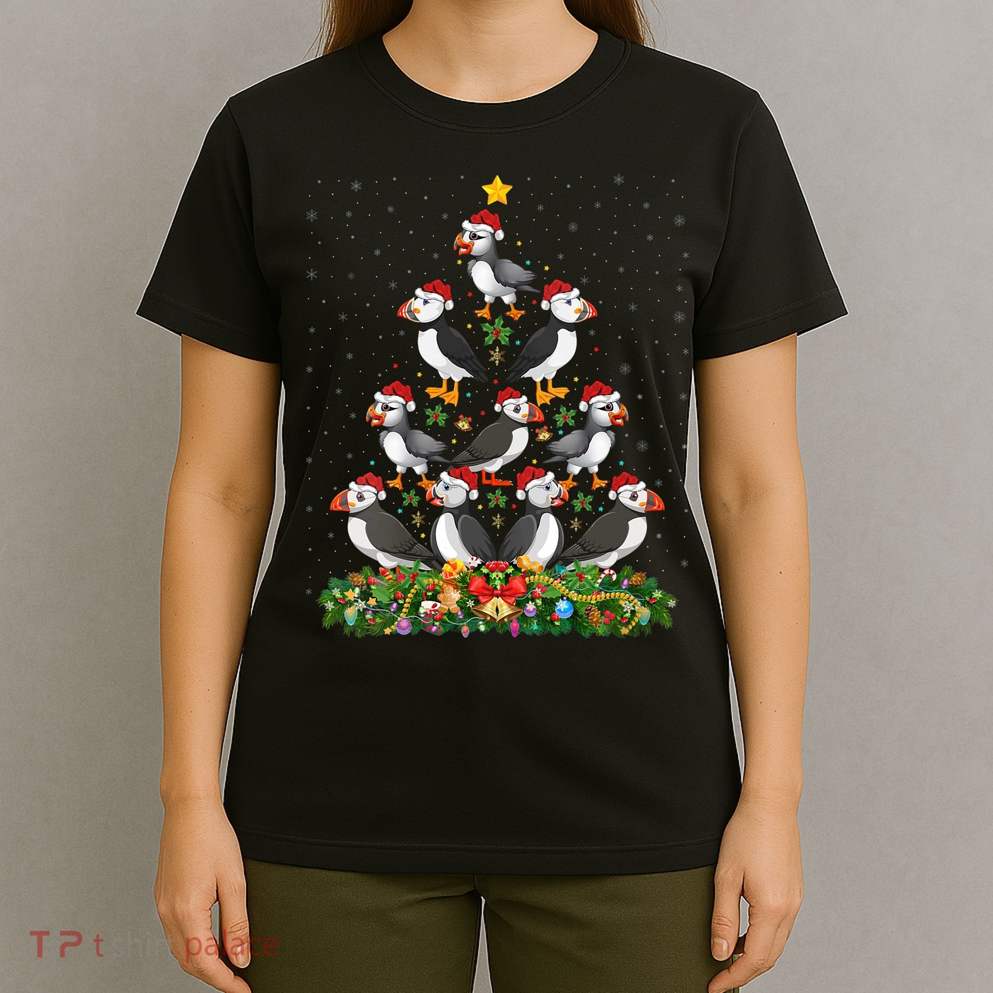 Puffin Bird Xmas Tree Gift Santa Hat Puffin Christmas Vneck T-Shirt