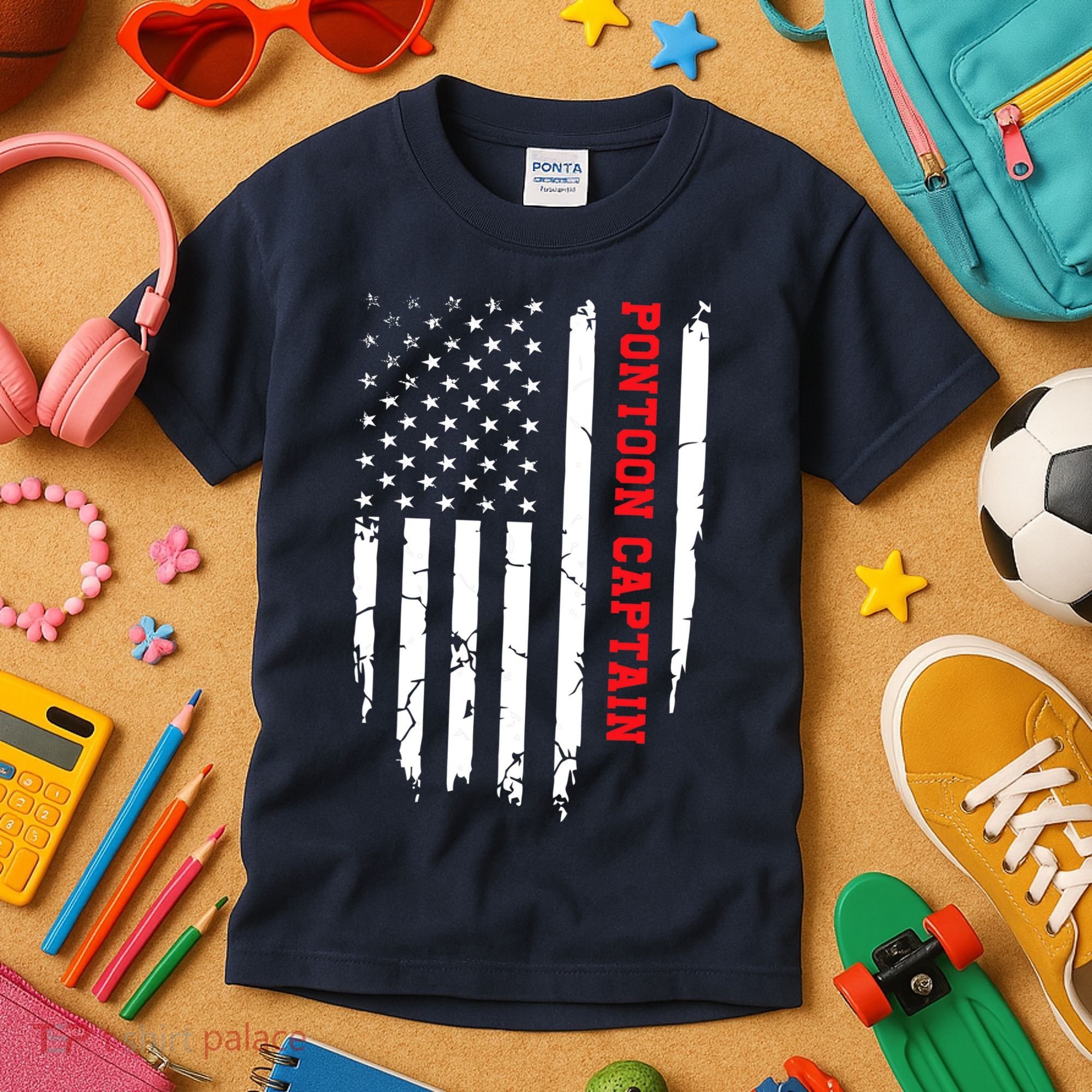 Pontoon Captain American Flag Pontooning Pontoon Boating Kids T-Shirt