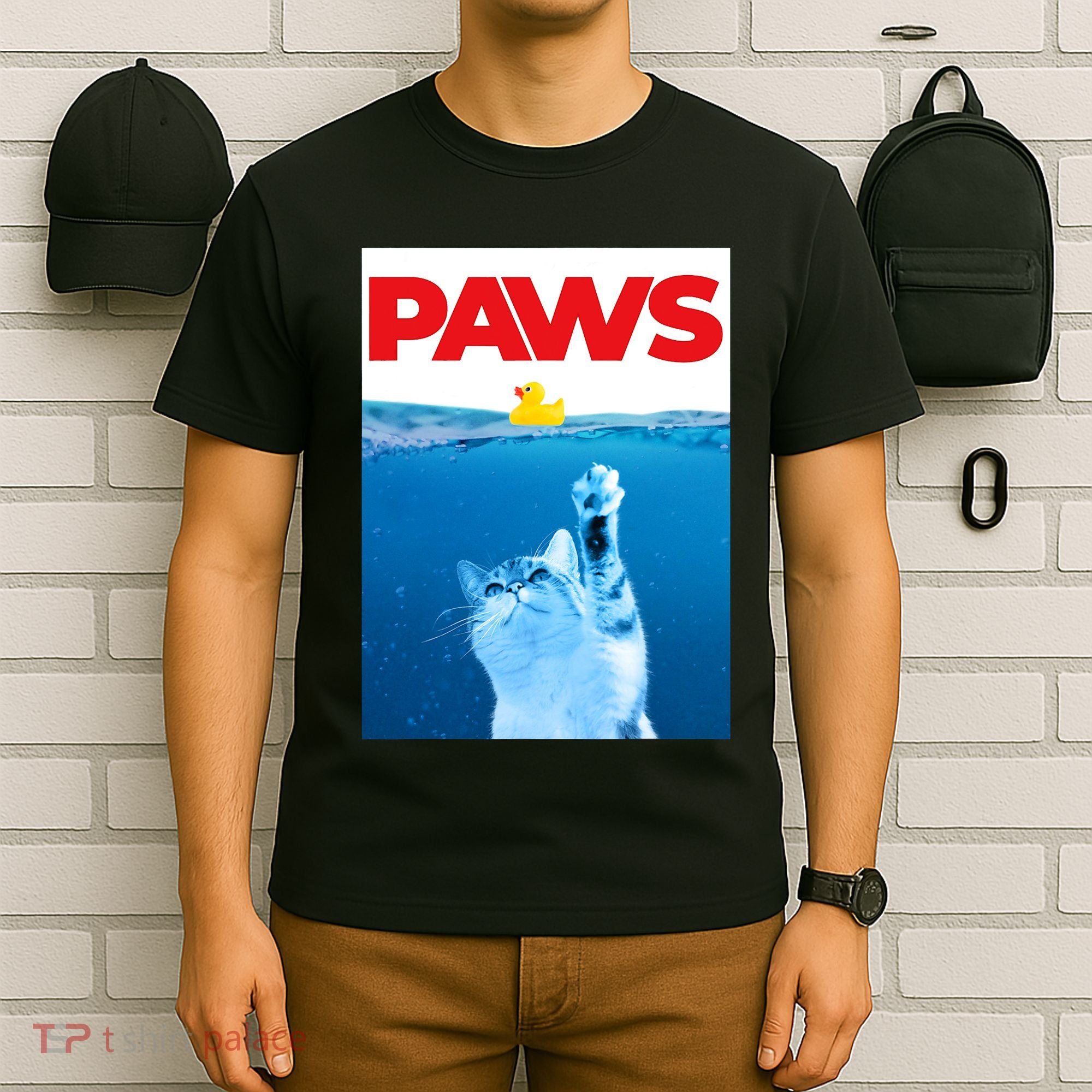 PAWS Cat And Yellow Rubber Duck Cute Kitten Funny Cat Parody T-Shirt
