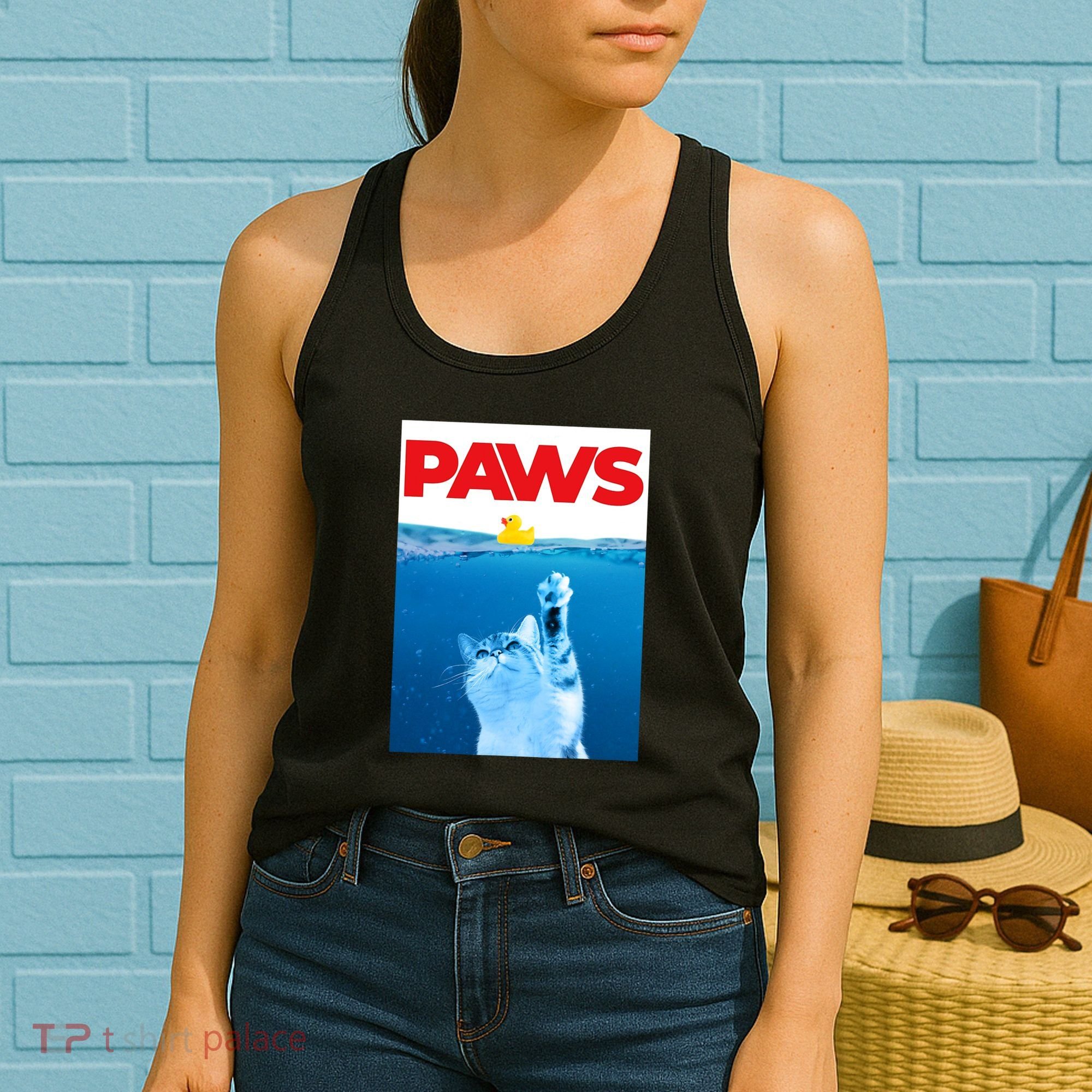 PAWS Cat And Yellow Rubber Duck Cute Kitten Funny Cat Parody Women's Tank Top