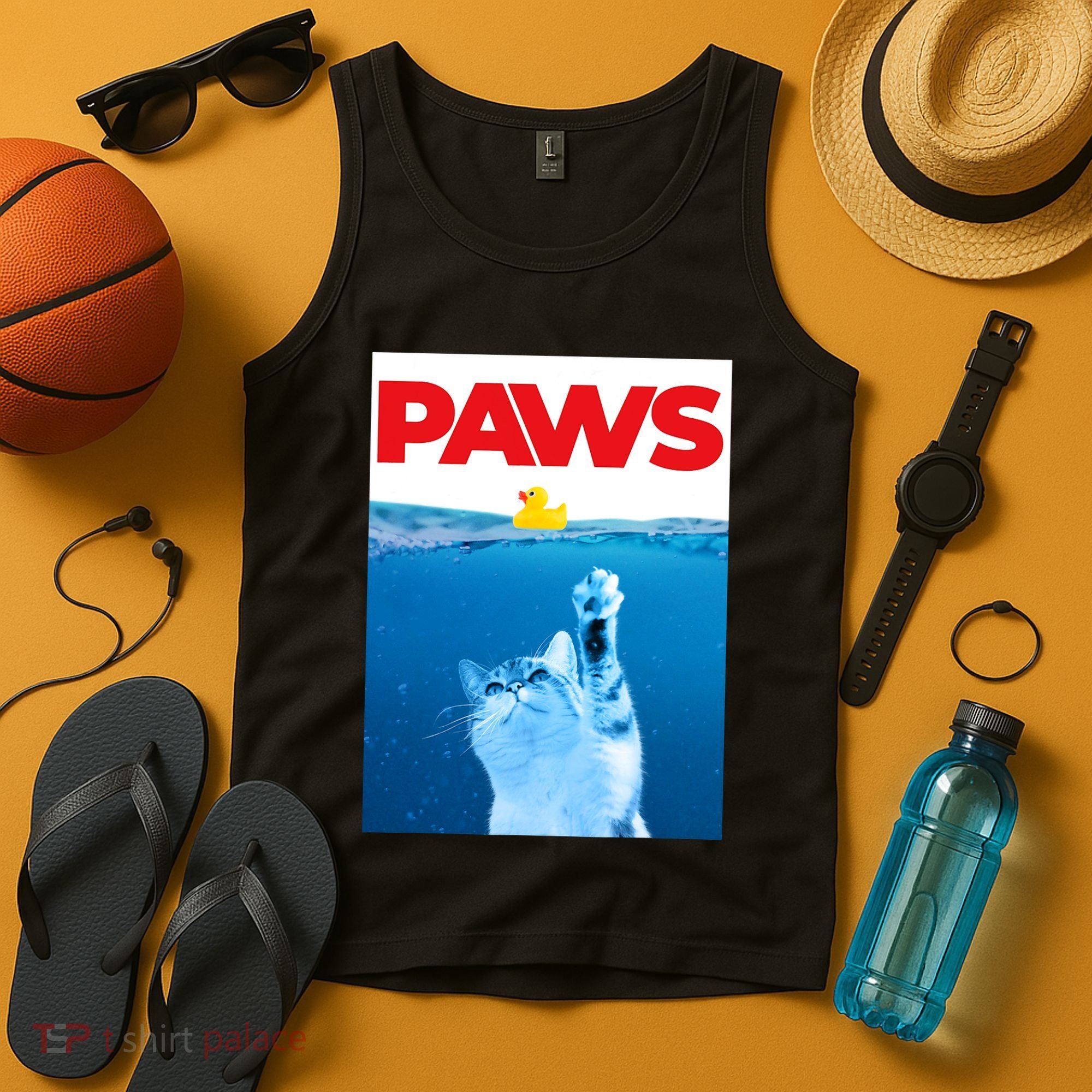 PAWS Cat And Yellow Rubber Duck Cute Kitten Funny Cat Parody Tank Top