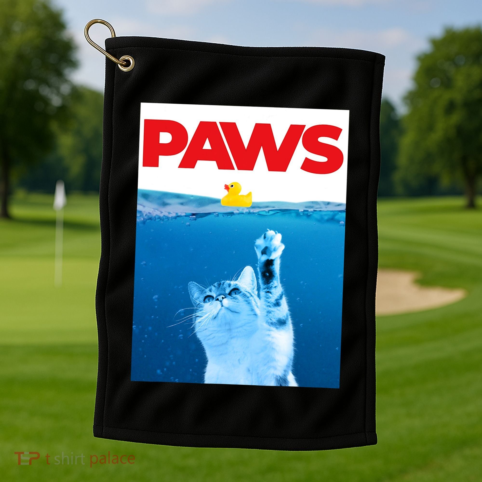 PAWS Cat And Yellow Rubber Duck Cute Kitten Funny Cat Parody Golf Towel