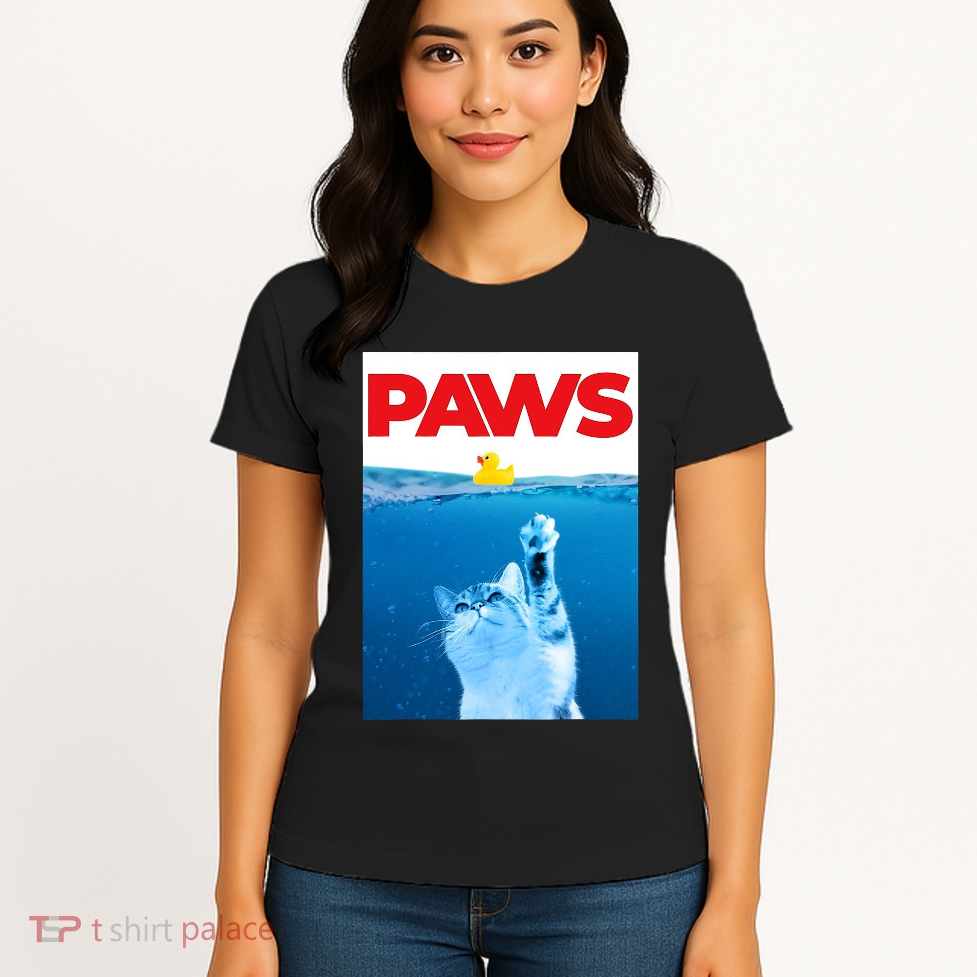 PAWS Cat And Yellow Rubber Duck Cute Kitten Funny Cat Parody Women's T-Shirt