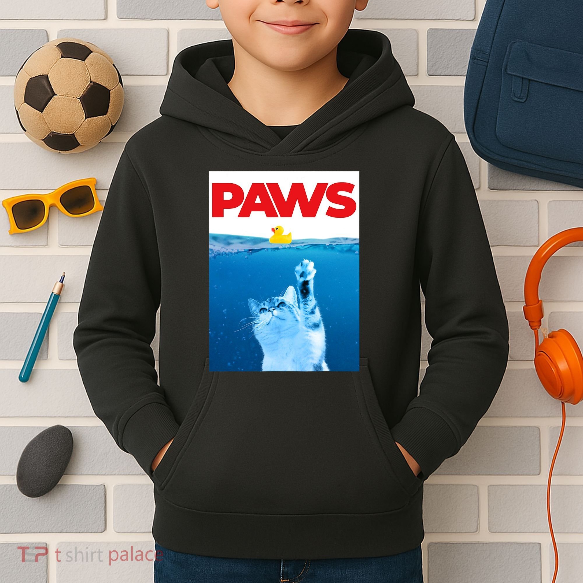 PAWS Cat And Yellow Rubber Duck Cute Kitten Funny Cat Parody Kids Hoodie