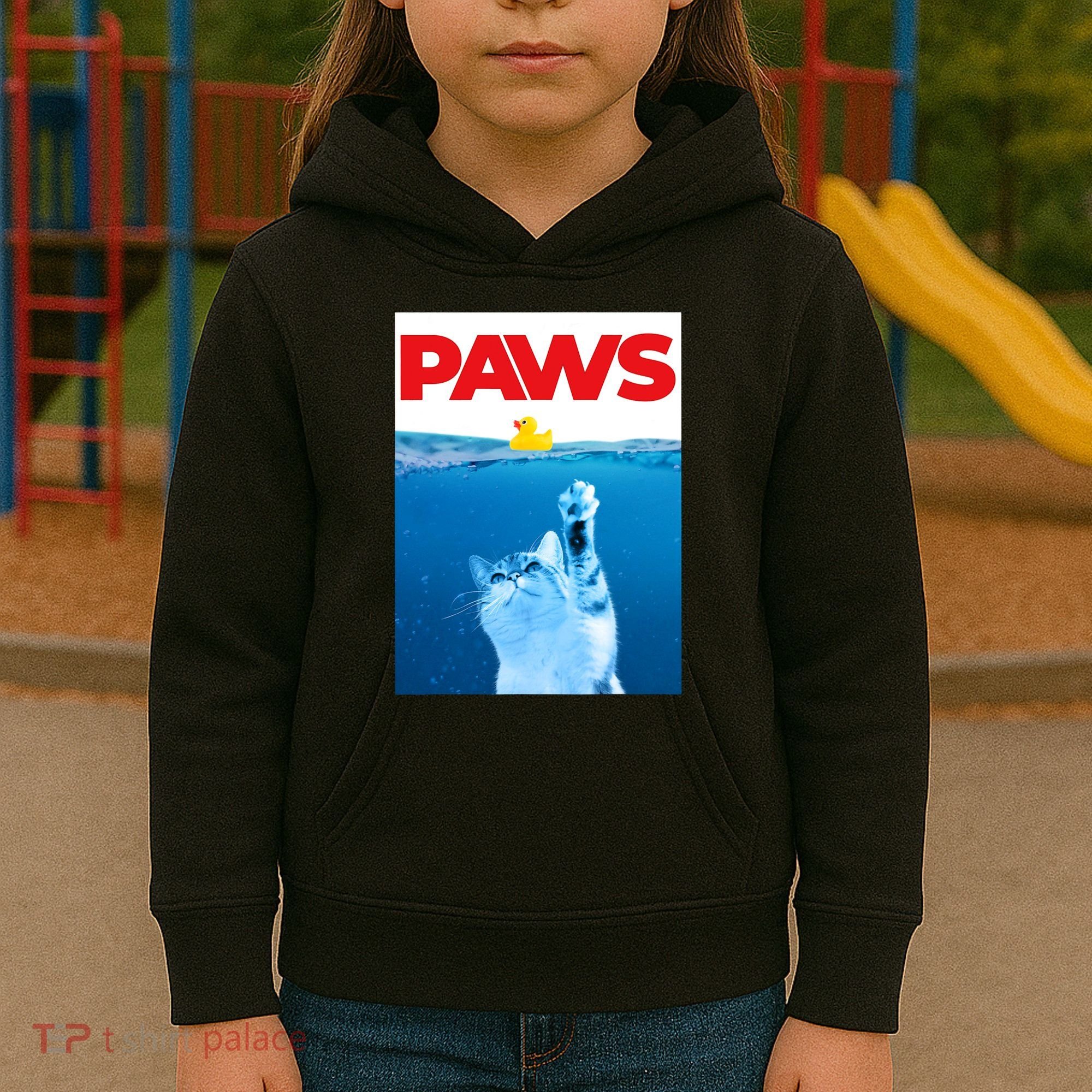 PAWS Cat And Yellow Rubber Duck Cute Kitten Funny Cat Parody Kids Hoodie