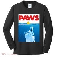 PAWS Cat And Yellow Rubber Duck Cute Kitten Funny Cat Parody Kids Long Sleeve Shirt thumb 0
