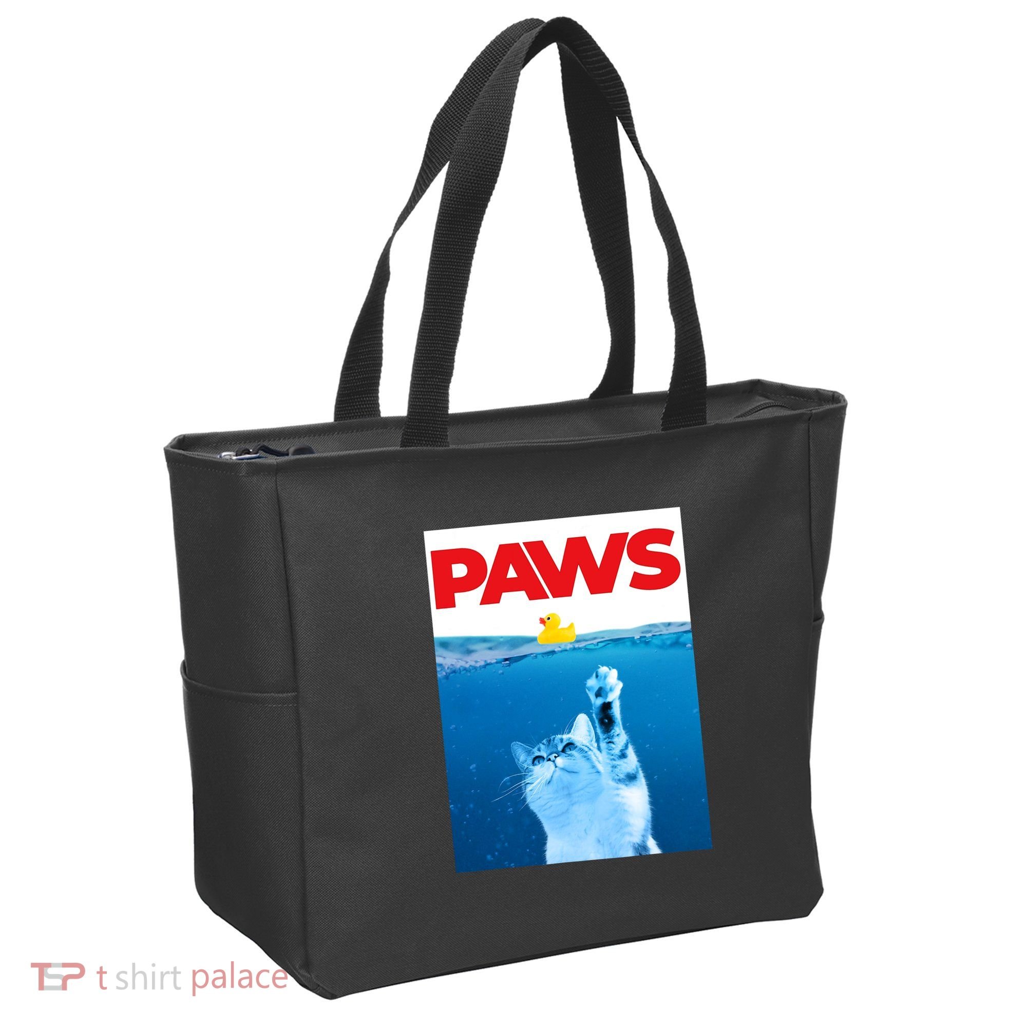 PAWS Cat And Yellow Rubber Duck Cute Kitten Funny Cat Parody Tote Bag