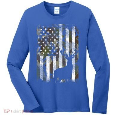 Patriotic Camo American Flag Deer Hunter Hunting Gift Women's Long Sleeve Shirt