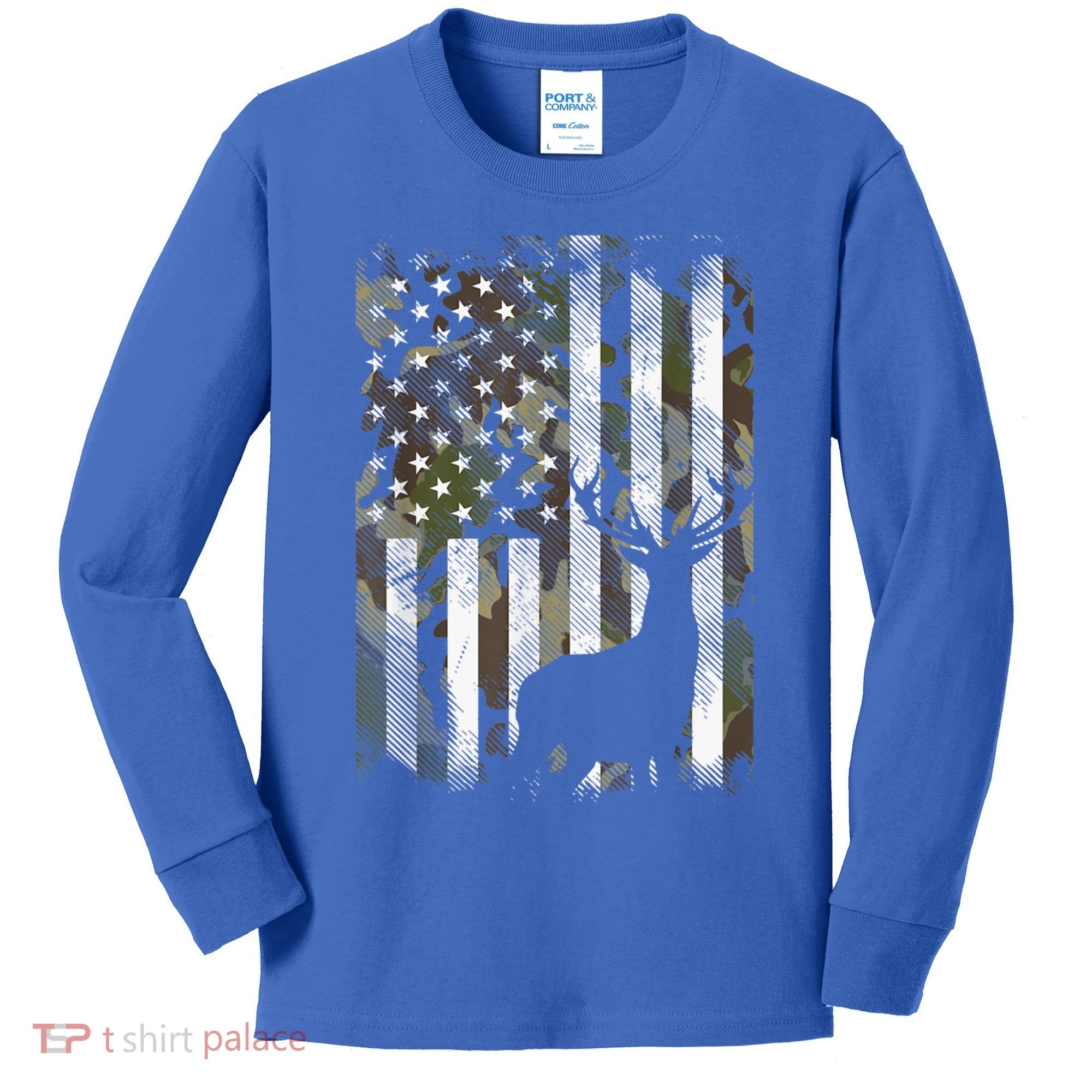 Patriotic Camo American Flag Deer Hunter Hunting Gift Kids Long Sleeve Shirt