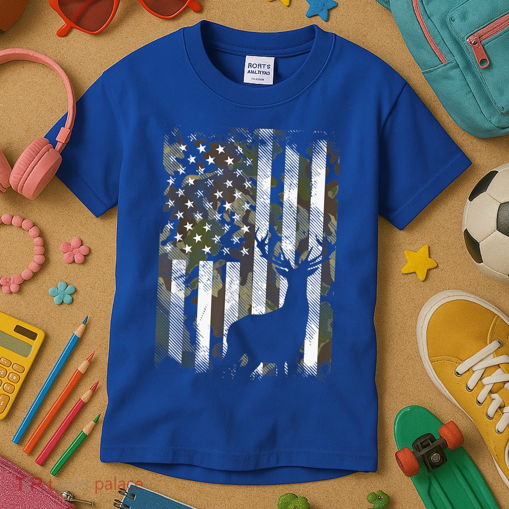 Patriotic Camo American Flag Deer Hunter Hunting Gift Kids T-Shirt