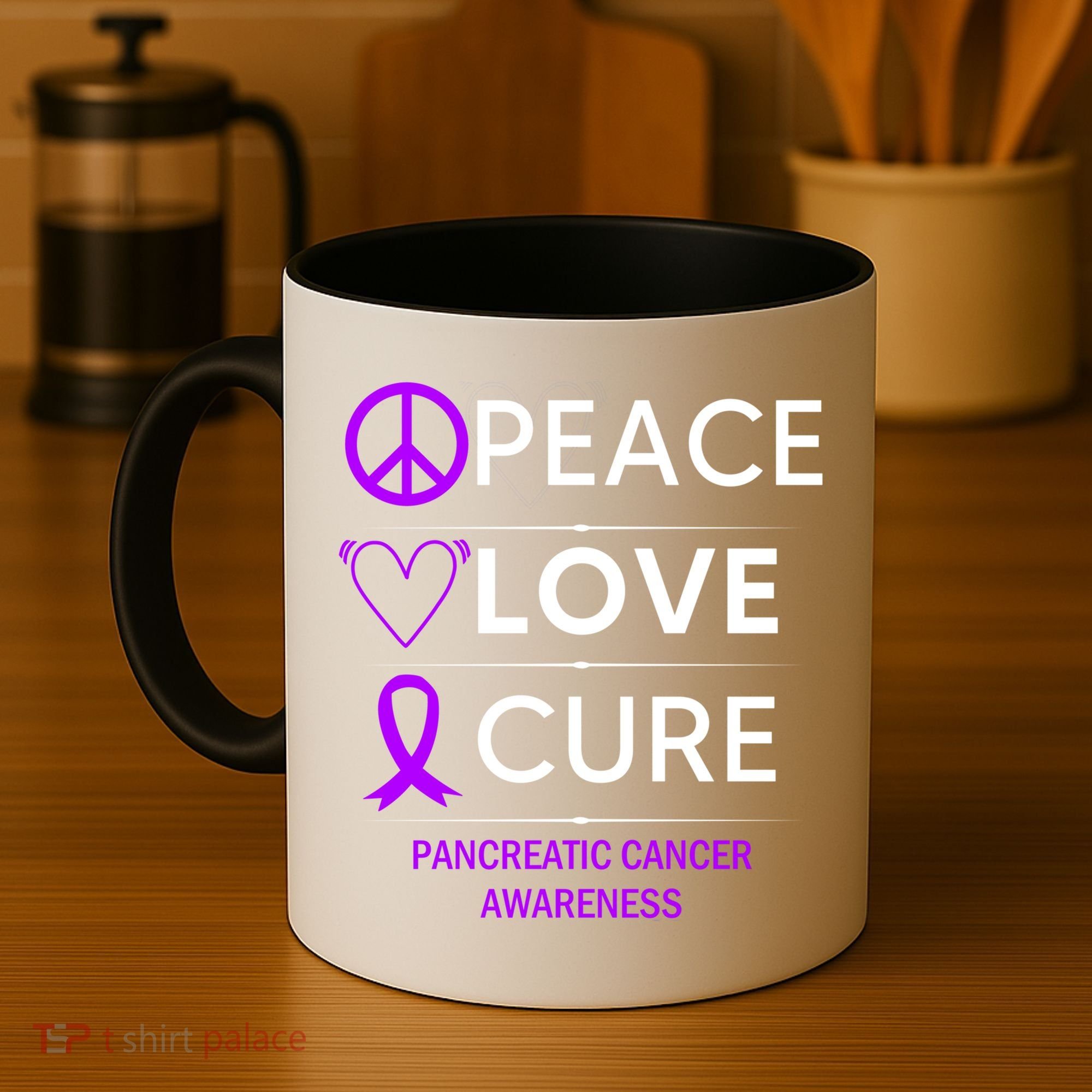 Pancreatic Cancer Awareness Peace Love Cure Purple Ribbon Gift Coffee Mug